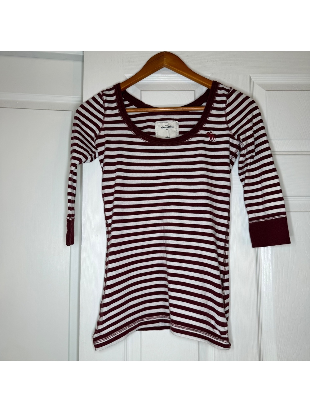 Vtg Y2K Abercrombie & Fitch Burgundy White Striped 3/4 Sleeve Shirt Women L